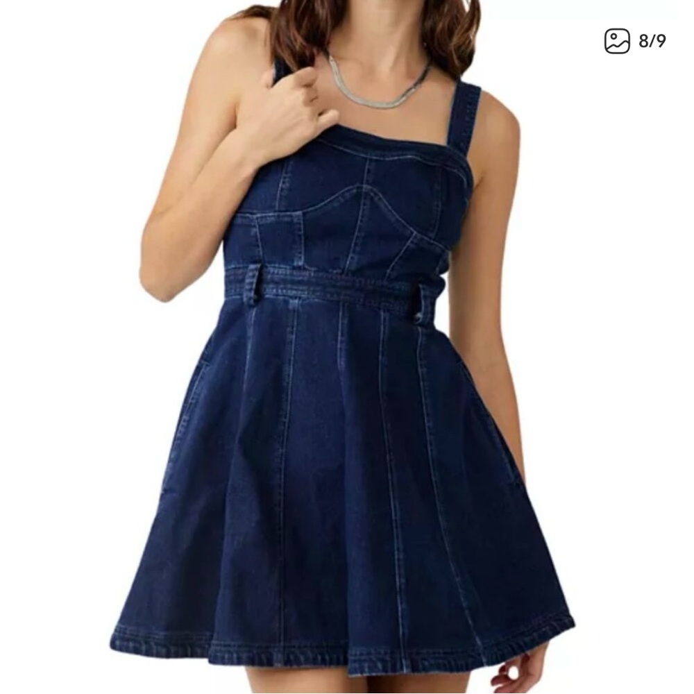 Free People Margot Denim Sweetheart Pockets A Line Mini Dress M NEW